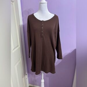 Woman Within Brown Waffle Knit Long Sleeve Top